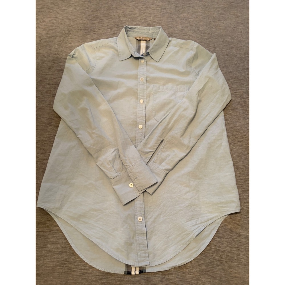 Athleta Light Blue Cotton Viscose Button Down Shirt Back Stripe Long Sleeve XS